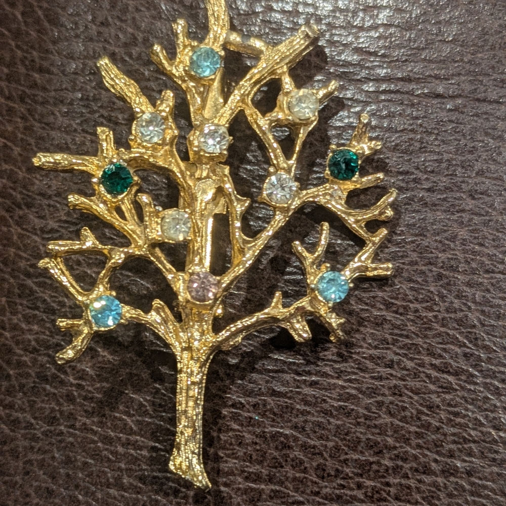 Gold Tone Tree Brooch with Multicolor Gemstones Vintage 1960s